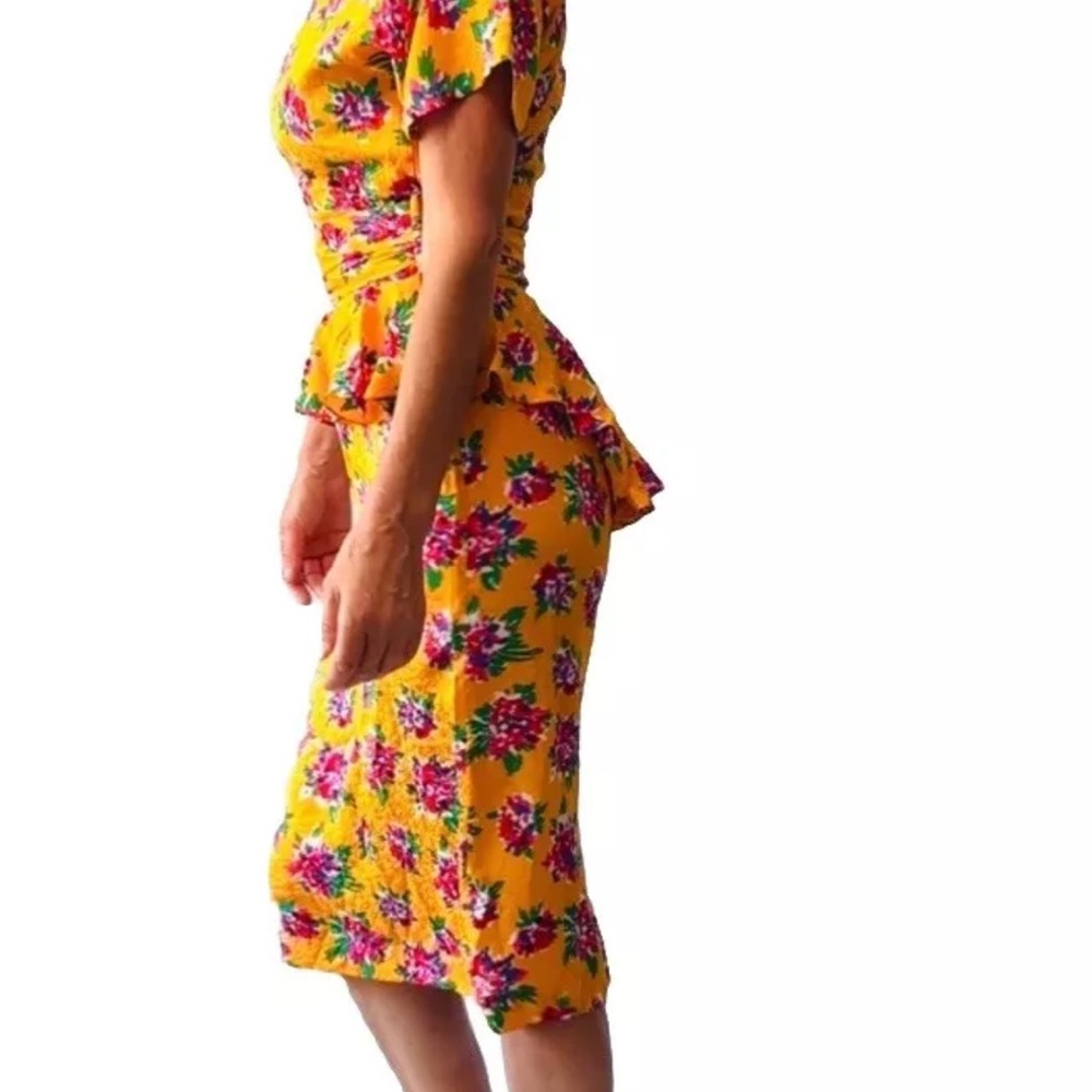 Vintage 80's Argenti Yellow Floral‎ Silk Peplum Pencil Dress S - Picture 3 of 8